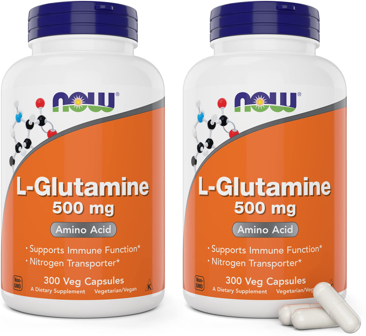 NOW Foods L-Glutamine 500 mg bottle front; vegan, non-GMO daily supplement for immune and gut support.