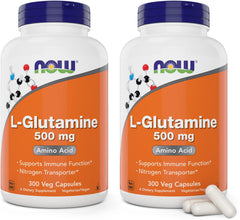 NOW Foods L-Glutamine 500 mg bottle front; vegan, non-GMO daily supplement for immune and gut support.