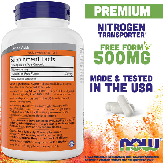 NOW Foods L-Glutamine capsules close-up on two-bottle pack, convenient for workouts.