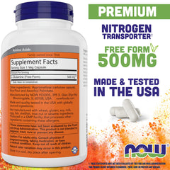 NOW Foods L-Glutamine capsules close-up on two-bottle pack, convenient for workouts.