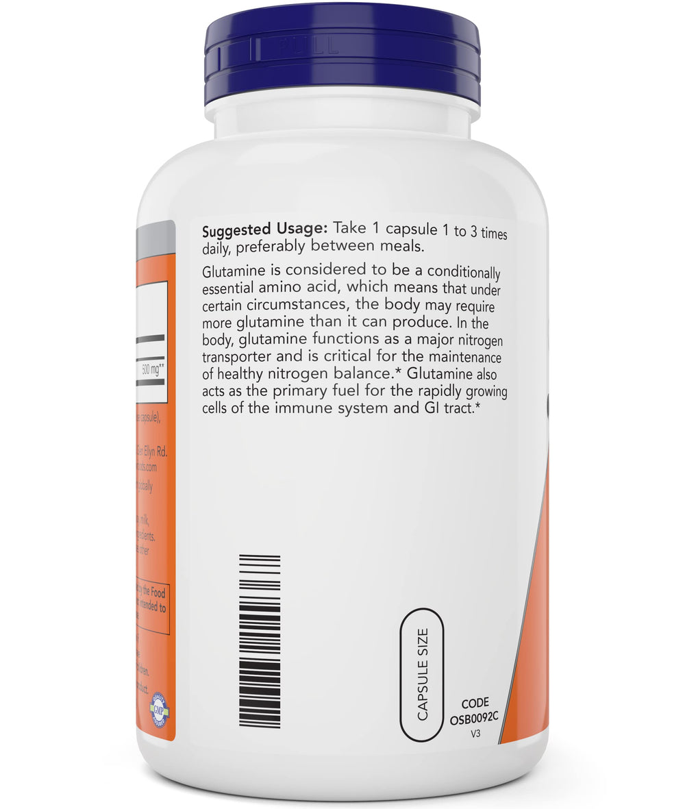 NOW Foods L-Glutamine label close-up highlighting vegan and non-GMO attributes.