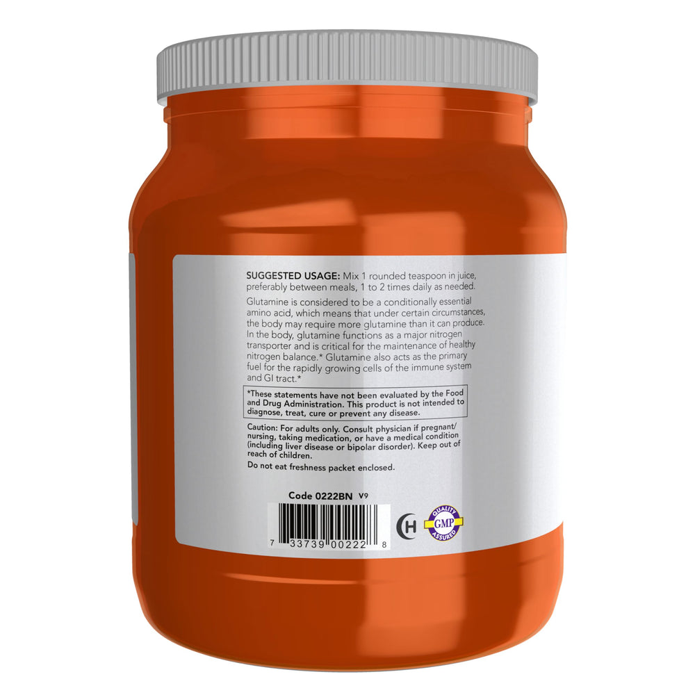 NOW Foods L-Glutamine powder label highlights GMP quality assurance.