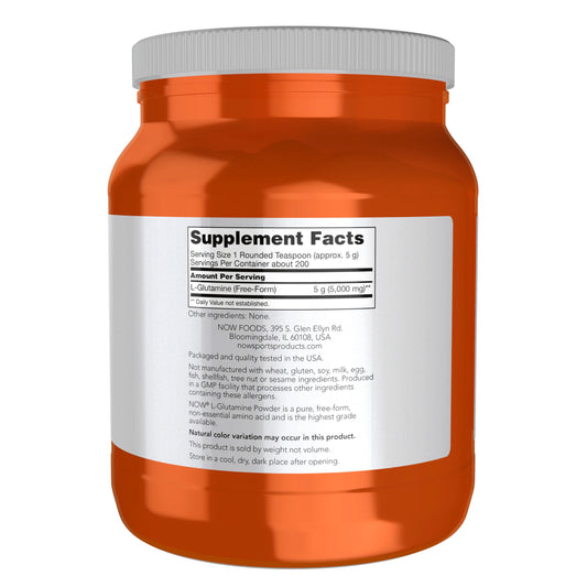 NOW Foods L-Glutamine powder scoop showing precise measurement for recovery.