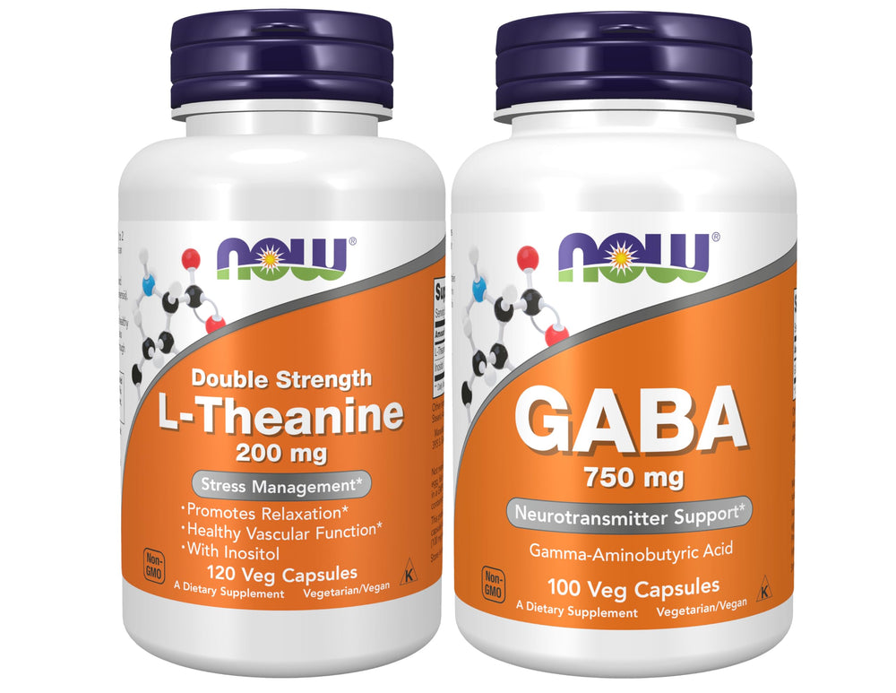 NOW Foods L-Theanine 200 mg bottle label promotes calm focus.