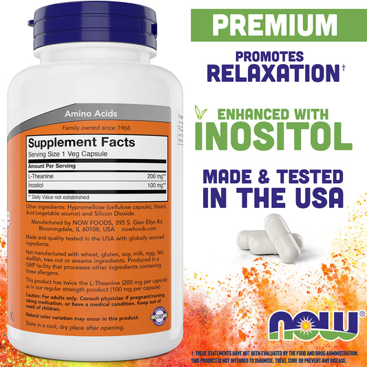 NOW Foods L-Theanine capsules pack shows two bottles for daily calm support.
