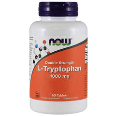 NOW Foods L-Tryptophan 1000 mg bottle inside view emphasizing pharmaceutically pure quality.