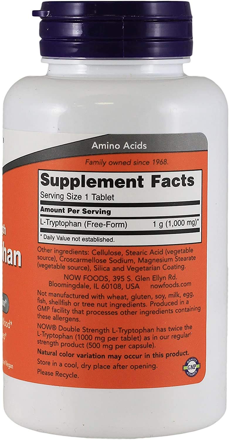 NOW Foods L-Tryptophan 1000 mg tablets close-up for sleep and mood support.