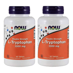 NOW Foods L-Tryptophan 1000 mg tablets nutrition label close-up highlighting 60 servings per container.