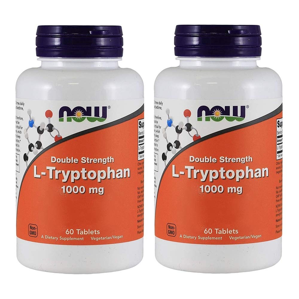 NOW Foods L-Tryptophan 1000 mg tablets in a two-pack bottle for daily relaxation support.