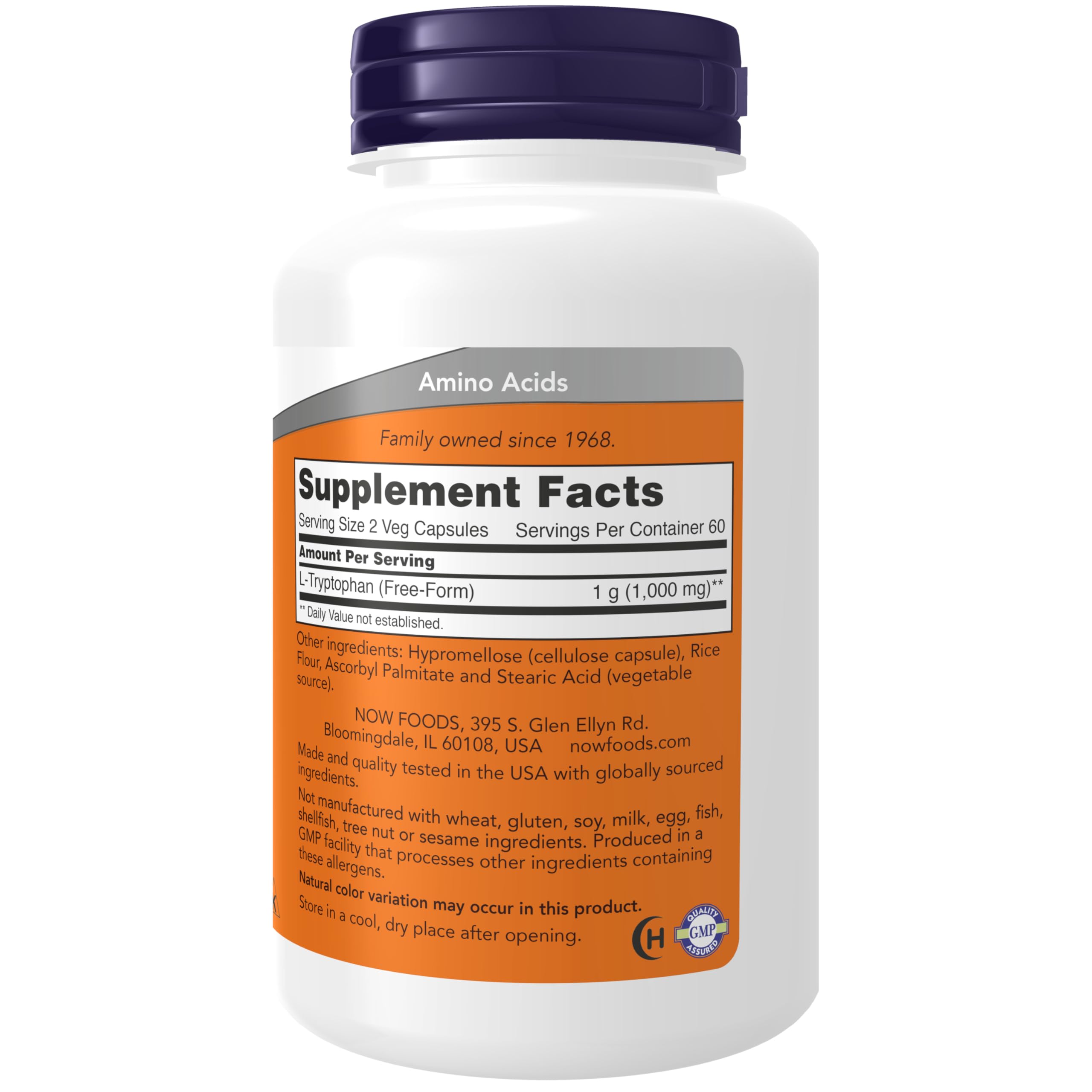 NOW Foods L-Tryptophan label front shows product identity and 500 mg dosage