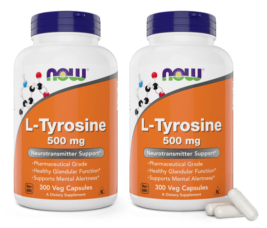 NOW Foods L-Tyrosine 500mg bottle with capsules for daily mental focus support