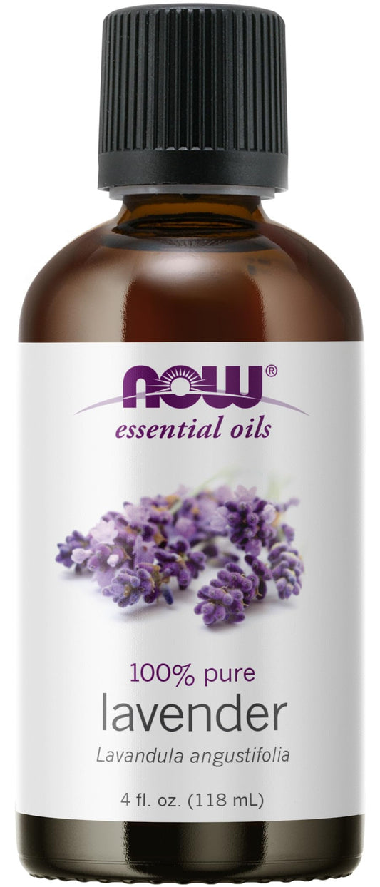 NOW Foods lavender oil 4 oz bottle for diffusion and skin care.