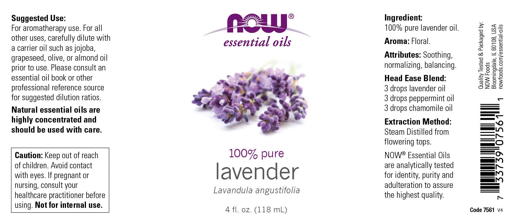 NOW Foods lavender oil 4 oz bottle with dropper for easy dilution in blends.