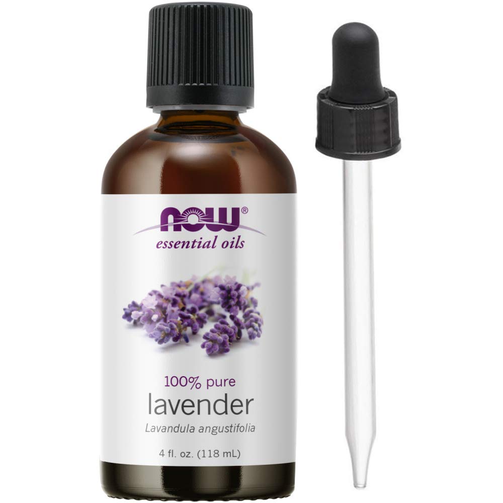 NOW Foods Lavender Oil bottle and dropper for diffusion and balancing aroma.