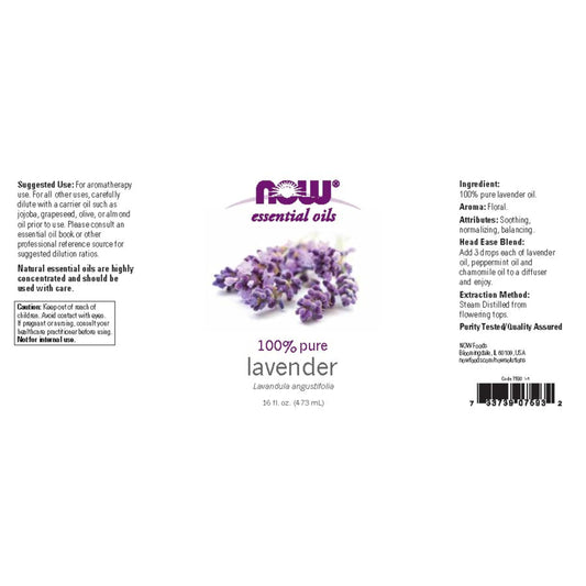NOW Foods Lavender Oil cap close-up showing purity