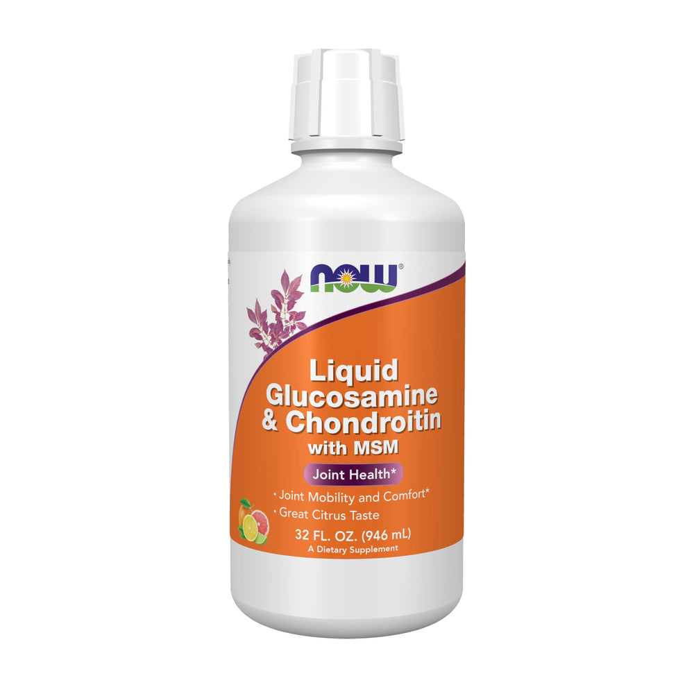 NOW Foods Liquid Glucosamine-Chondroitin-MSM bottle promotes joint comfort and mobility.