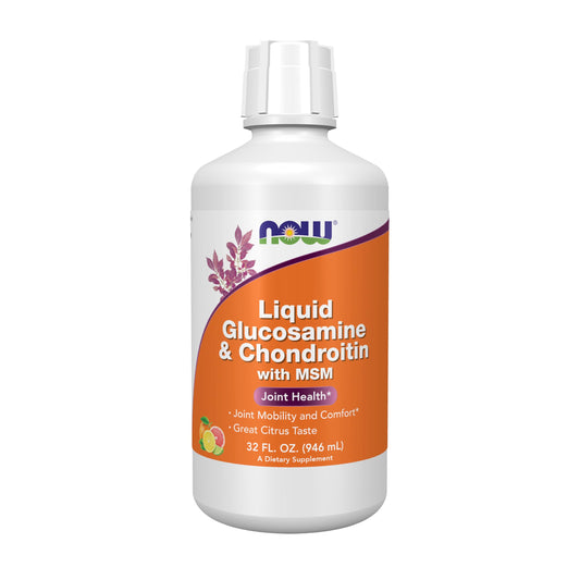 NOW Foods Liquid Glucosamine-Chondroitin-MSM bottle promotes joint comfort and mobility.