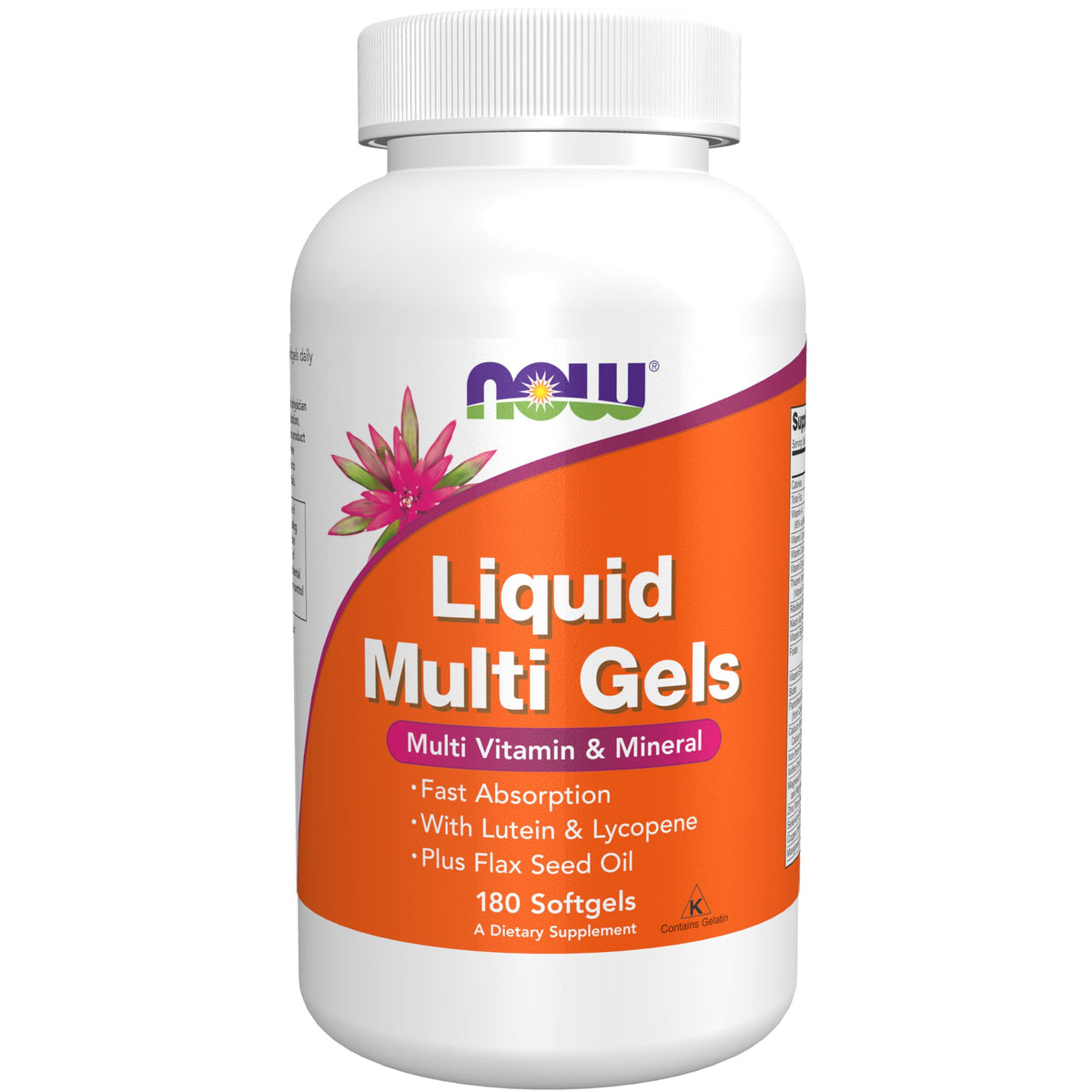 NOW Foods Liquid Multi Gels bottle with lutein and lycopene for daily support