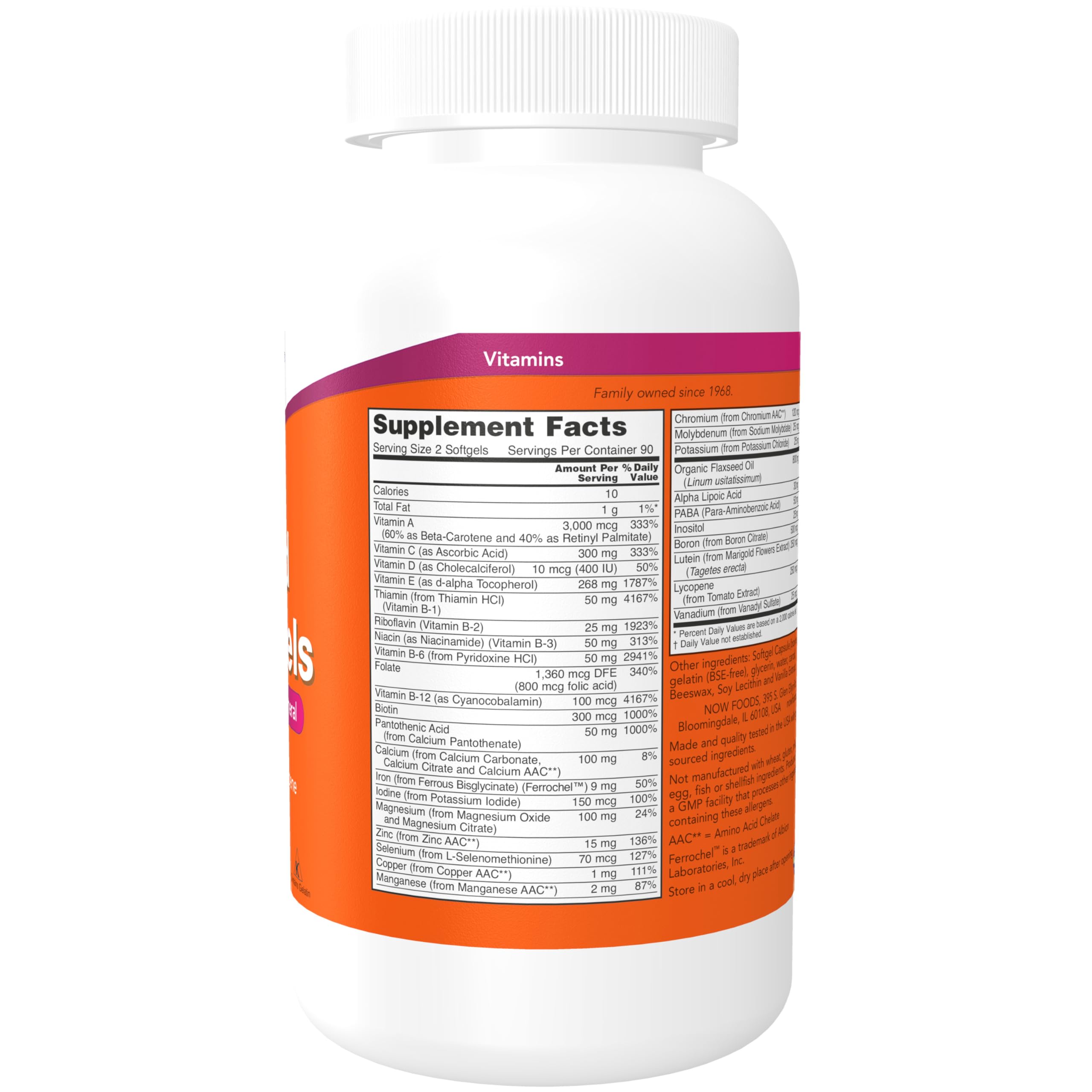 NOW Foods flax seed oil bottle showing softgels for essential fatty acids