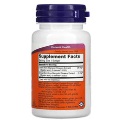NOW Foods Lutein Zeaxanthin label close-up with Lutemax pigment for eye support.
