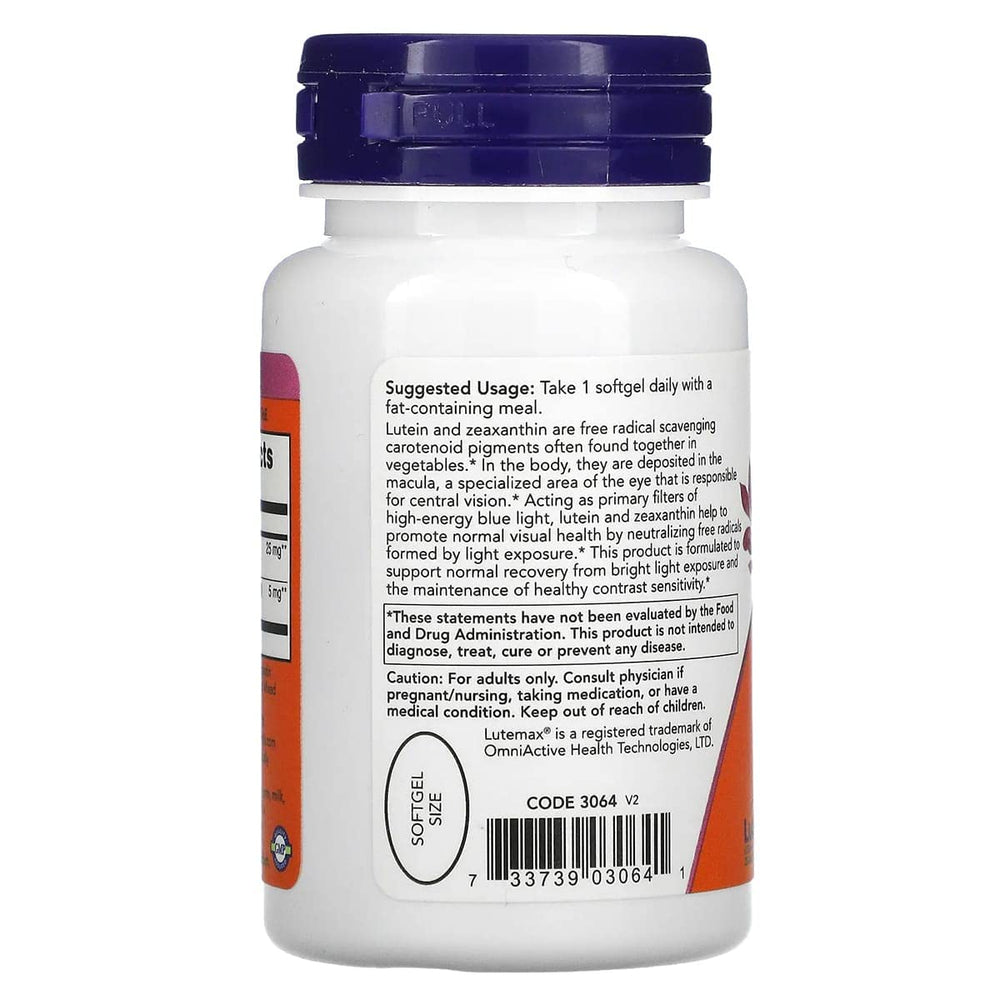 NOW Foods Lutein & Zeaxanthin pack shot highlighting dual carotenoids for eye health.