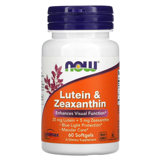 NOW Foods Lutein & Zeaxanthin softgels bottle, blue light protection and macular support.