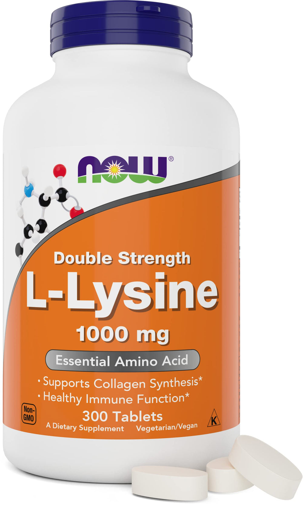 NOW Foods L-Lysine 1000mg bottle front showing double-strength option for daily support