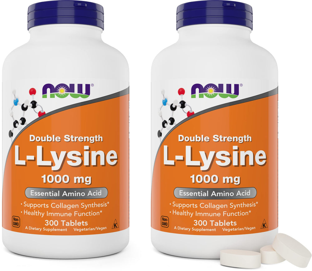 NOW Foods L-Lysine 1000mg bottle supports daily protein synthesis for vegan diets