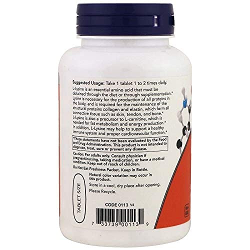 NOW Foods L-Lysine 1000mg bottle back label notes vegan and allergen information