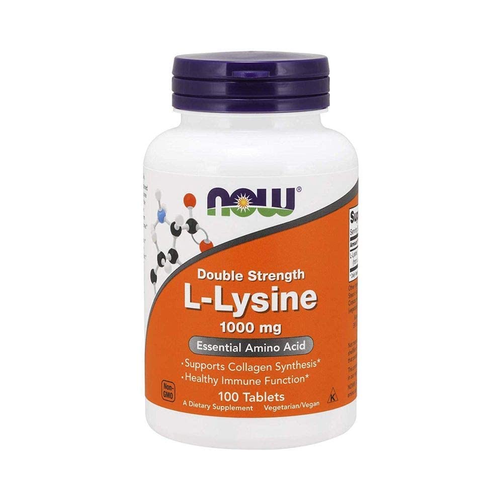 NOW Foods L-Lysine 1000mg bottle front highlighting branding and daily use