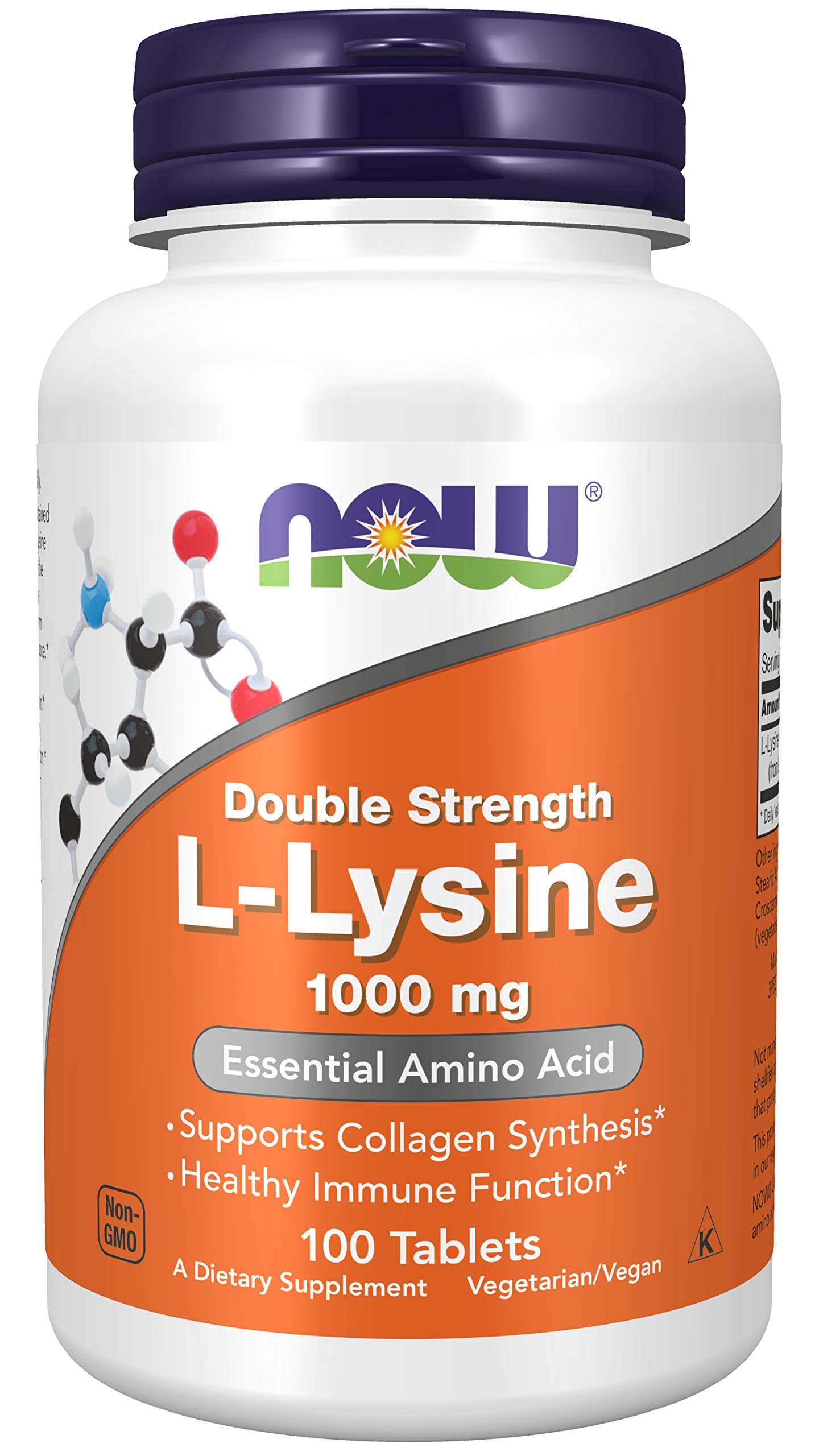 NOW Foods L-Lysine 1000 mg double-strength bottle front for daily protein support.