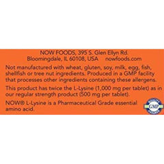 NOW Foods L-Lysine 1000mg tablets close-up showing compact vegan pills