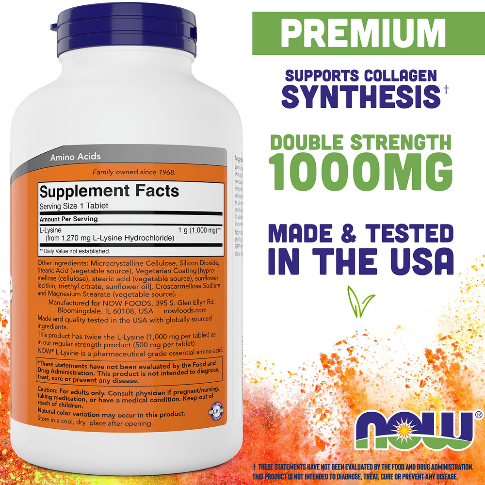 NOW Foods L-Lysine 1000mg tablets close-up highlighting high potency for easy dosing