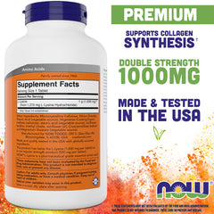 NOW Foods L-Lysine 1000mg tablets close-up highlighting high potency for easy dosing