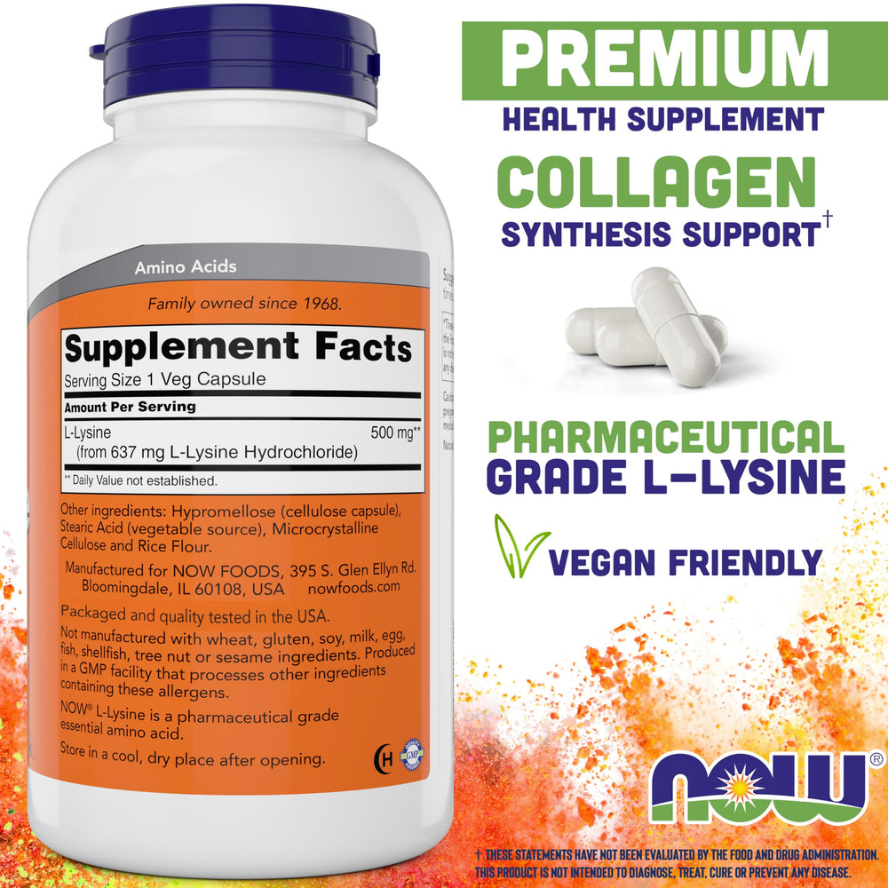 NOW Foods L-Lysine 500 mg capsules closeup showing vegetarian capsules