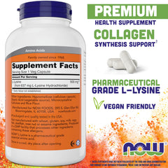NOW Foods L-Lysine 500 mg capsules closeup showing vegetarian capsules
