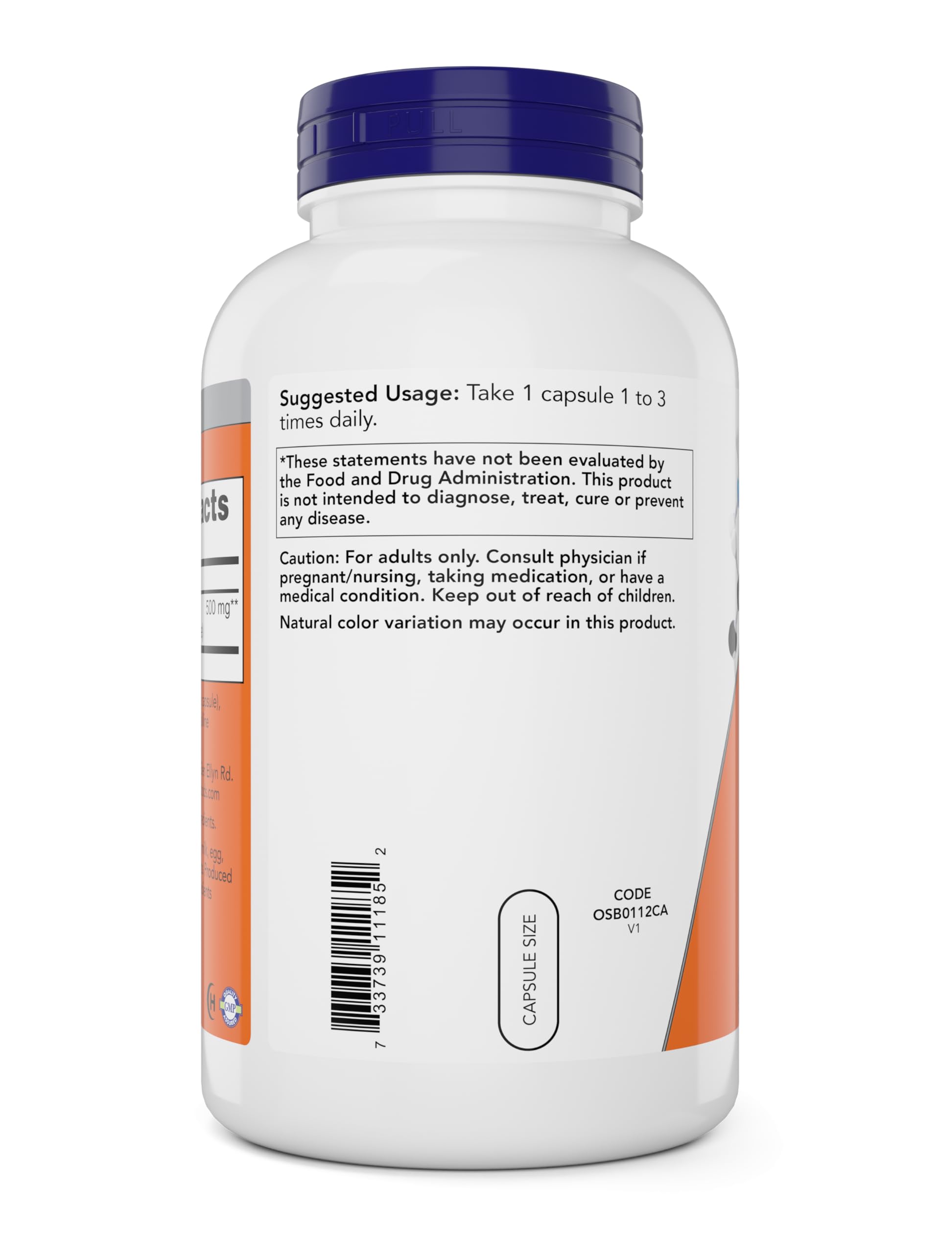 NOW Foods L-Lysine 500 mg label front with dosage information