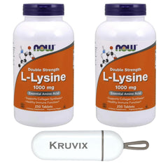 NOW Foods L-Lysine Hydrochloride bottle shown for collagen support and immune function.