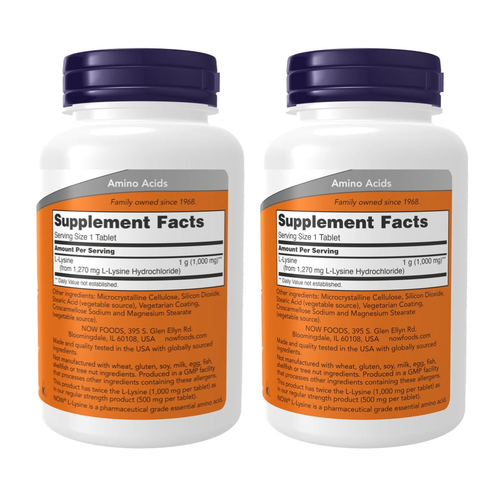 NOW Foods L-Lysine Hydrochloride tablets close-up highlighting double-strength formula.