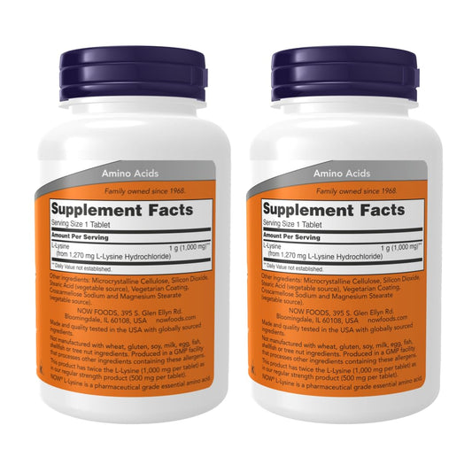 NOW Foods L-Lysine Hydrochloride tablets close-up highlighting double-strength formula.