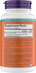 NOW Foods Magnesium 400 mg capsules close-up label highlighting vegan and kosher certification.