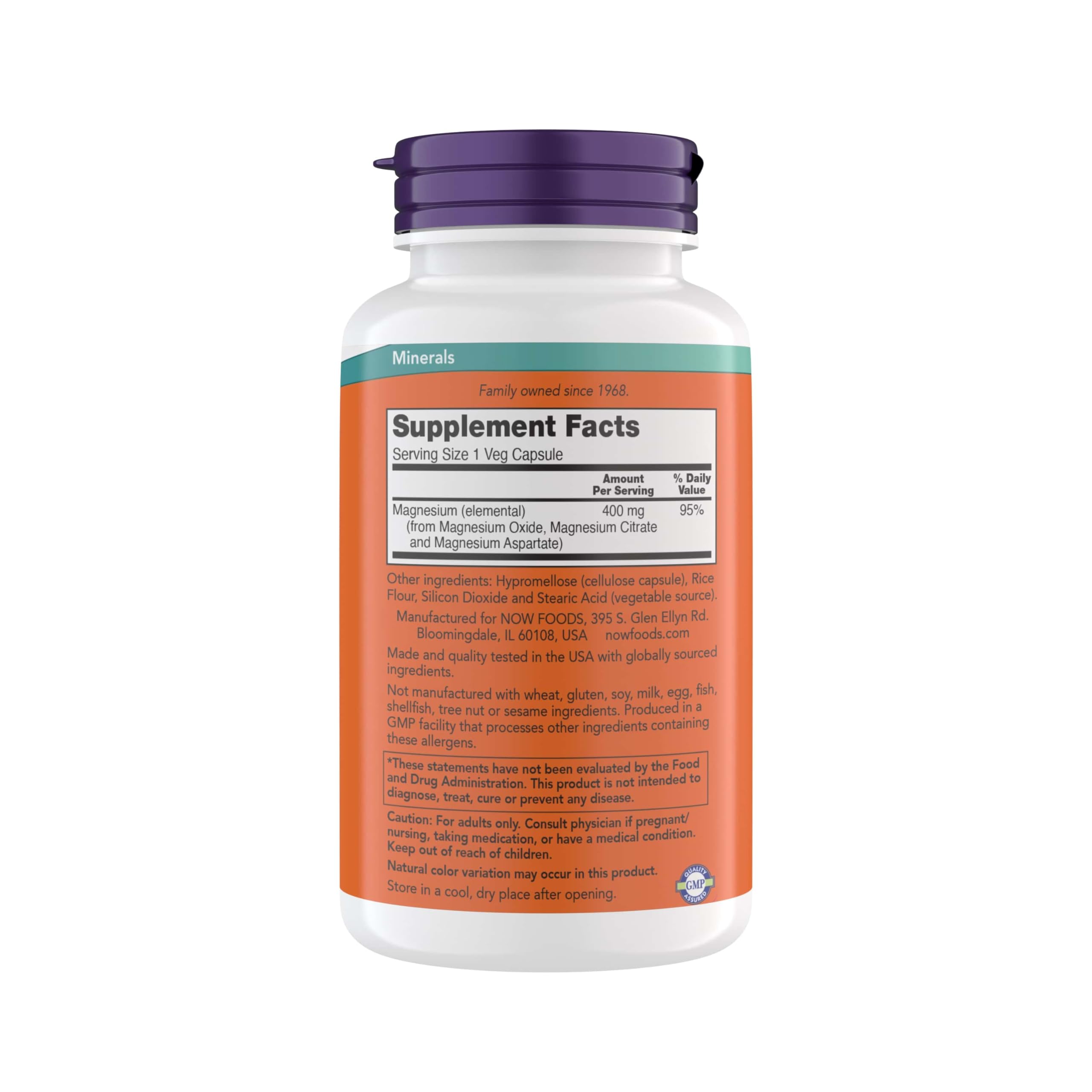 NOW Foods Magnesium 400 mg label closeup with vegan and kosher marks