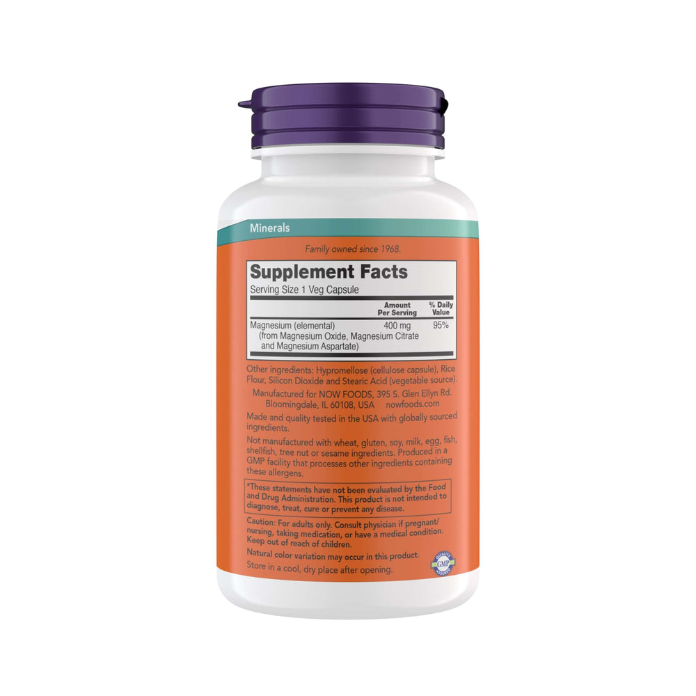 NOW Foods Magnesium 400 mg label closeup with vegan and kosher marks