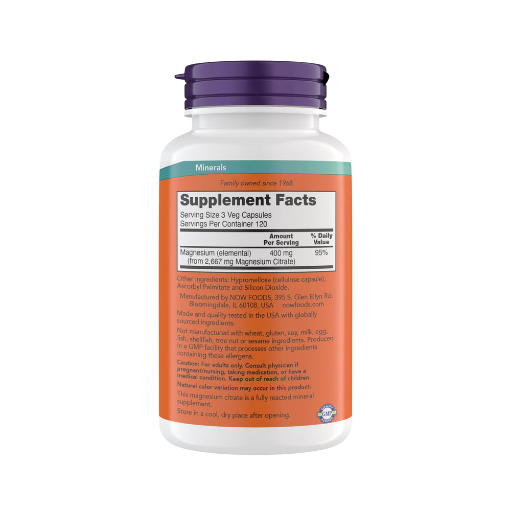 NOW Foods Magnesium Citrate capsules close-up showing convenient vegetarian soft capsules