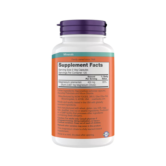 NOW Foods Magnesium Citrate capsules close-up showing convenient vegetarian soft capsules