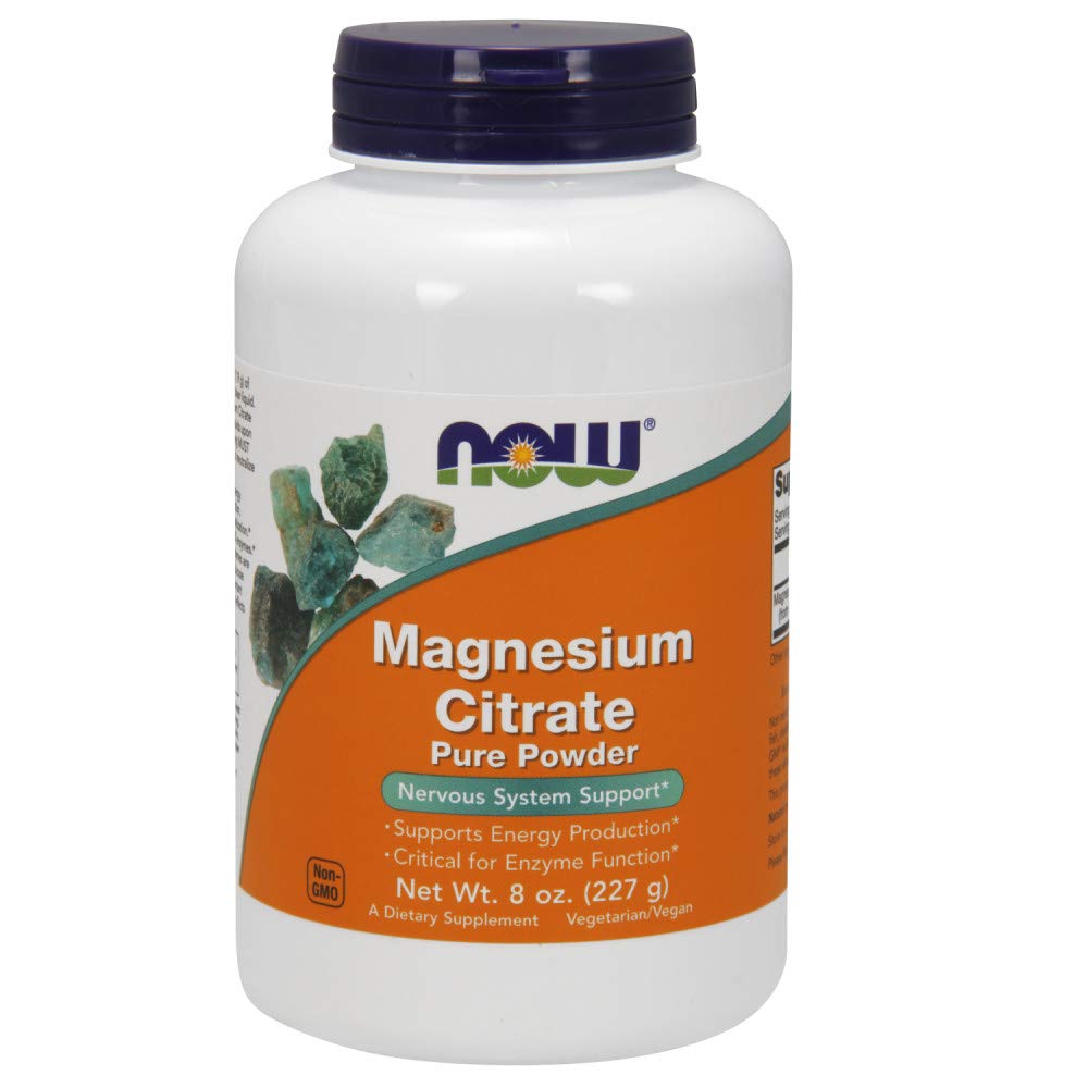 NOW Foods Magnesium Citrate Powder packaging closeup highlighting 100% pure powder for dependable supplementation.
