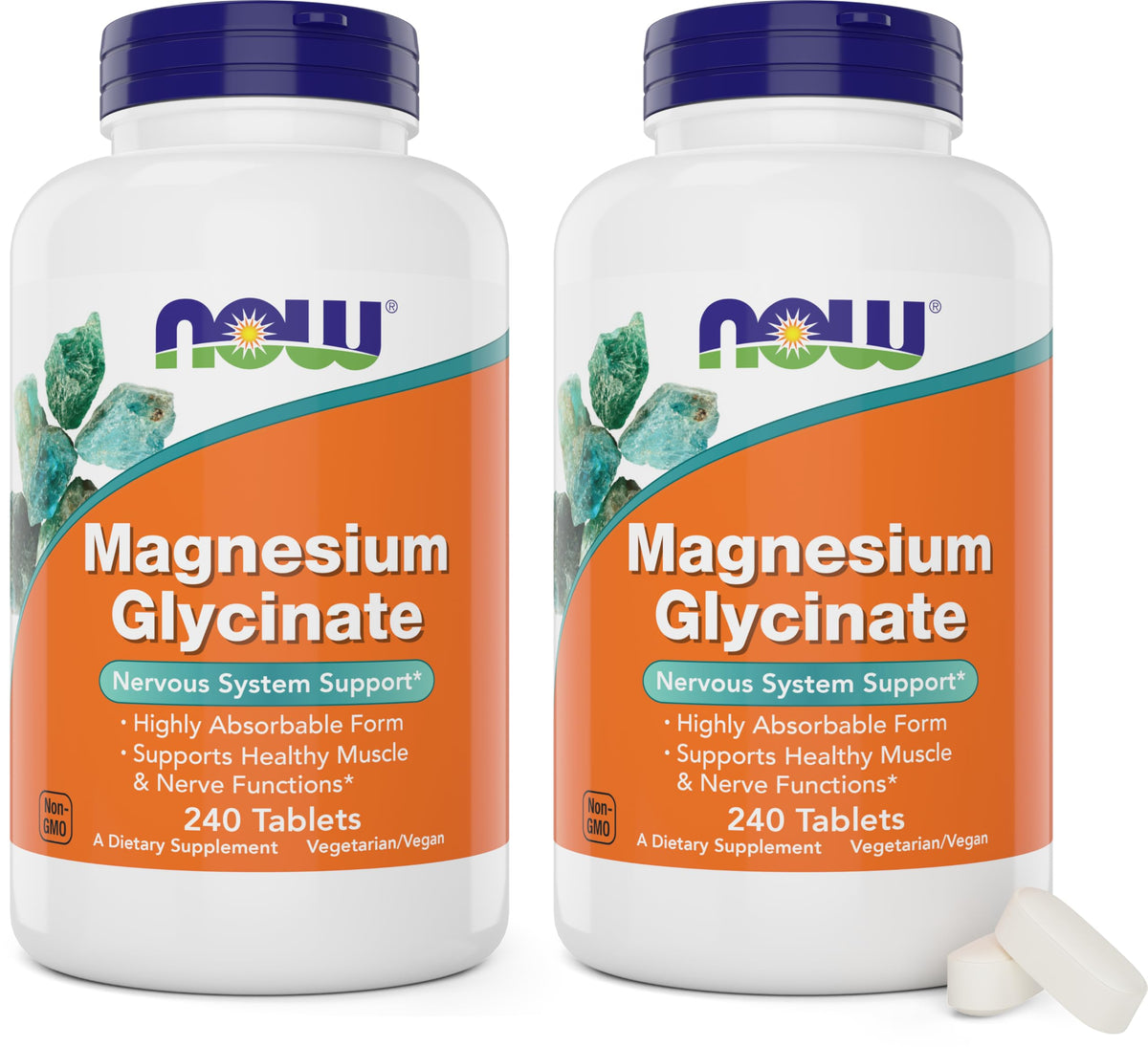 NOW Foods Magnesium Glycinate bottle in a two-pack, convenient daily supplement for balance.