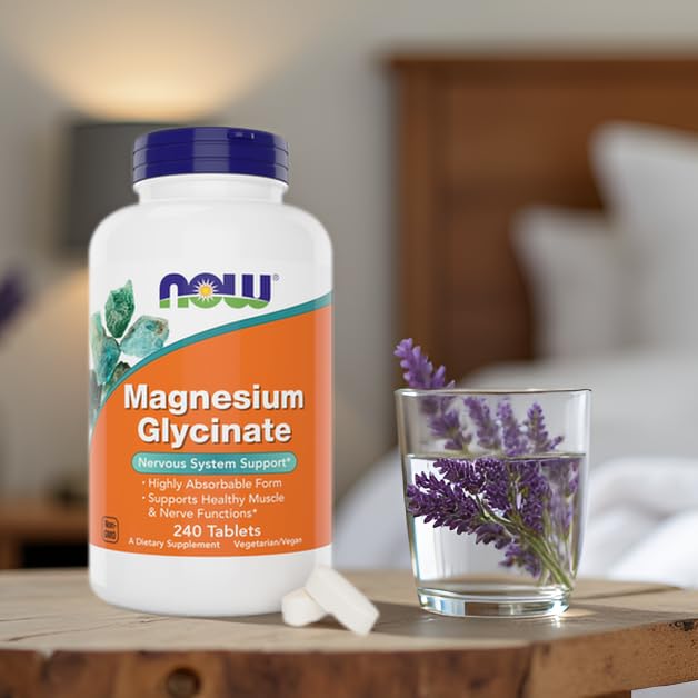 NOW Foods Magnesium Glycinate ingredients panel emphasizes purity and allergen-free formula.