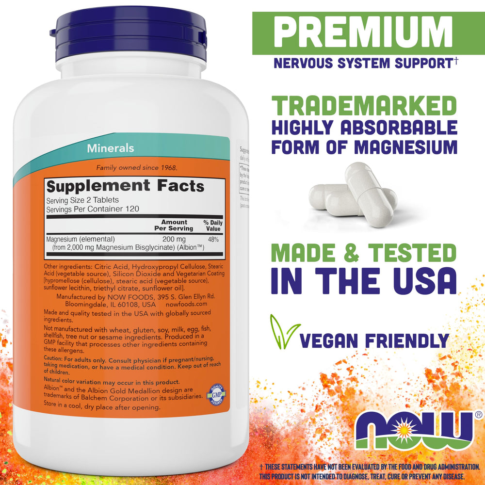 NOW Foods Magnesium Glycinate tablets close-up showing smooth, easy-to-swallow tablets.