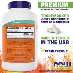 NOW Foods Magnesium Glycinate tablets close-up showing smooth, easy-to-swallow tablets.